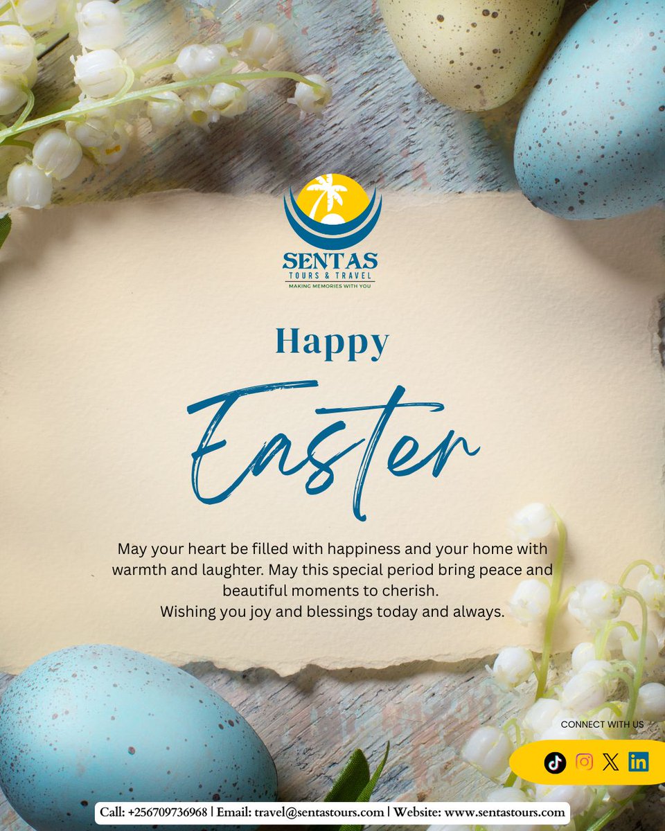 Wishing you a Happy Easter filled with peace, love, and laughter! 🐣💙
May this season bring you many beautiful moments to cherish.

📍 Sentas Tours &amp; Travel. Making memories with you.

#HappyEaster #EasterUganda #travelsentasuganda