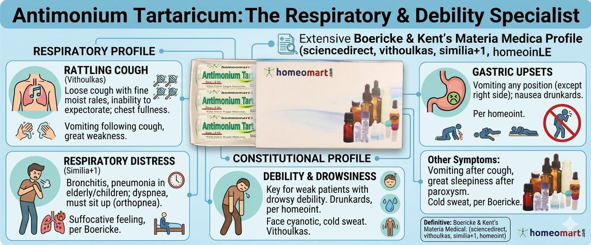Antimonium Tartaricum excels in respiratory issues with rattling mucus, per Boericke and Kent's Materia Medica. Key for weak patients with drowsy debility. Indicated in Rattling Cough, Respiratory Distress, Gastric upsets homeomart.com/a/search?optio…