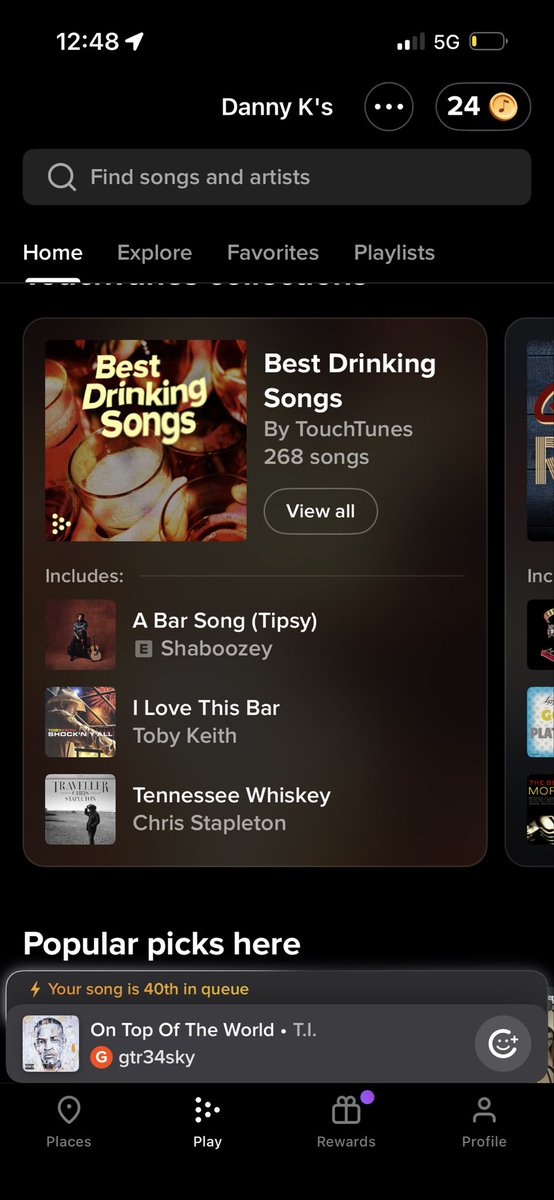SchaferTD's tweet photo. @TouchTunes 
Great to know that I lightning qued a song to 40th in the Que. Should say that shit before hand. Not sticking around to hear that song. https://t.co/uNxkY3TC6x