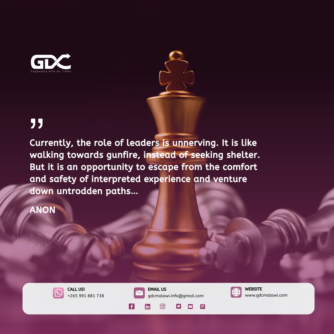 gdcmalawi's tweet photo. The courage of a leader is found in the "untrodden path." 

Modern leadership isn't about seeking shelter—it’s about the opportunity to escape the comfort zone and venture into the unknown with strategy and vision.

At GDC, we provide the tools to lead with confidence.

#GDCmw https://t.co/sZ4BOLAOdb