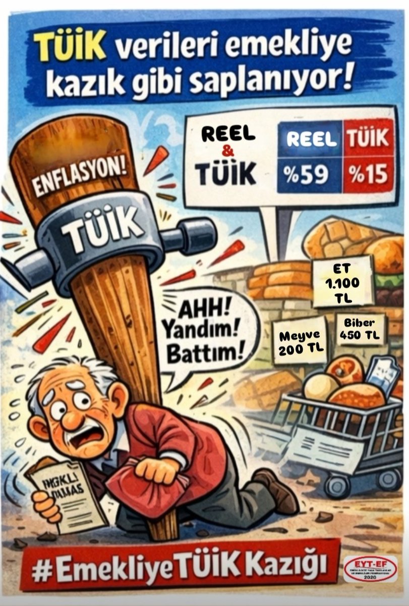 EMEKLİ
👇👇👇
#EmekliyeTüikKazığı

Emeklinin maaşı
Çarşıya,pazara,mutfaktaki yangına göre değil
#tüik’in makyajlı verilerine göre ezdirilmektedir!

Bırakın ay sonunu
Hafta sonunu dahi getiremeyen #Emekli ye bu düpedüz TÜİK kazığıdır

#Eytde5000KısmiKazığı
<a href="/RTErdogan/">Recep Tayyip Erdoğan</a>
<a href="/isikhanvedat/">Prof. Dr. Vedat Işıkhan</a>