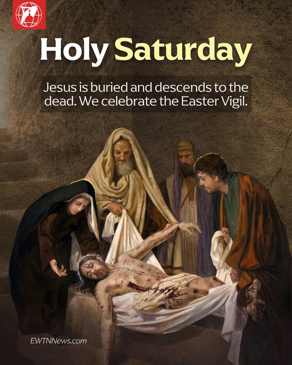 EWTNews's tweet photo. On Holy Saturday the Church is, as it were, at the Lord’s tomb, meditating on his passion and death, and on his descent into hell, and awaiting his resurrection with prayer and fasting.

Holy Saturday is the day of the Paschal Triduum when the Virgin Mary remains in prayer beside the tomb, accompanying the Church in its sorrow after the Passion and Death of Christ. But this is a hopeful waiting, as we also prepare to celebrate His Resurrection at the "Easter Vigil". Thank you for strengthening our faith, Most Holy Mother Mary!

How to live Holy Saturday?

Catholics begin the day with a spirit of mourning, maintaining an atmosphere of silence and meditation. These are hours of waiting in which Catholics remember that Jesus was placed in the tomb and later descended into hell.

But we do not wait alone, for Our Most Holy Mother accompanies us in the moment when God seems absent. Today, the Virgin Mary stands firm beside the tomb of her Son, strengthening the faith, trust, and hope of all her children.

Later, as night falls, Catholics attend the Easter Vigil, the most important and special Mass of the liturgical year, where we joyfully celebrate the victory of our God, the blessed night when Jesus rose from the dead and crowned His work of salvation.

🙏Prayer for today:

Lord, by the suffering of Christ your Son you have saved us all from the death we inherited from sinful Adam. By the law of nature we have borne the likeness of his manhood. May the sanctifying power of grace help us to put on the likeness of our Lord in heaven, who lives and reigns for ever and ever. Amen.