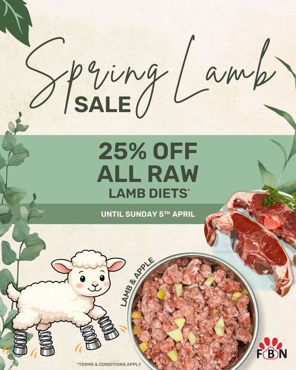 Naturally nutritious. Irresistibly tasty 🐑✨

Our raw lamb diets are packed with goodness your dog will love - and right now they’re 25% off in our Spring Lamb Sale 🌸

📅 On now until midnight Sunday 5th April 

buff.ly/Ks3FtMq 

#FBN #SpringLambSale #SpringSale