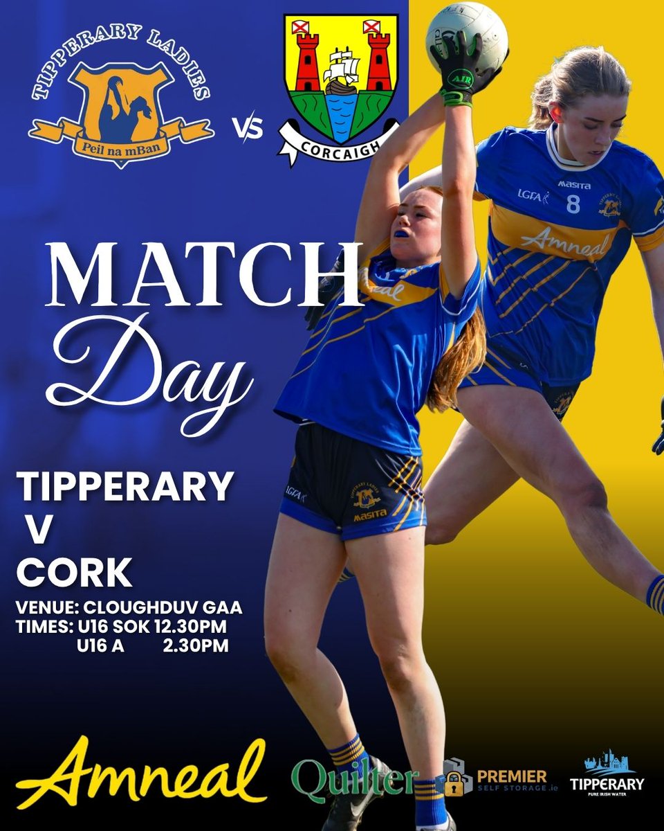 TipperaryLGFA's tweet photo. 💙💛 MATCH DAY 💙💛
Best of luck to our Tipp Ladies U16 teams as they take on Cork today in Cloughduv GAA 💪
🕧 U16 Sok – 12:30pm
🕝 U16 A – 2:30pm
Up Tipp! 💙💛
#TippLadies #MatchDay #PremierCounty https://t.co/OPisPSm38G