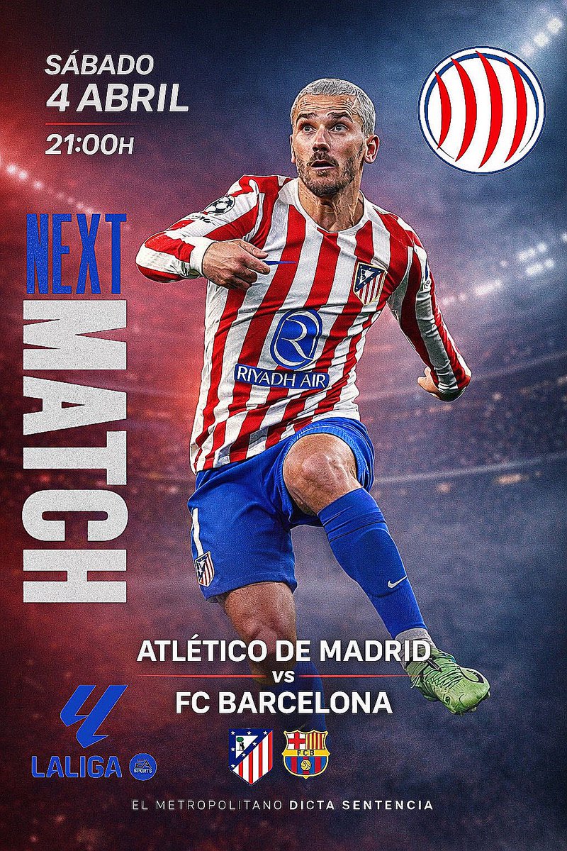 𝘿𝙄𝘼 𝘿𝙀 𝙋𝘼𝙍𝙏𝙄𝘿𝙊 ⚽

🗓 Jornada 30 <a href="/LaLiga/">LALIGA</a> 
🆚 <a href="/FCBarcelona/">FC Barcelona</a> 
🏟 <a href="/Metropolitano/">Riyadh Air Metropolitano</a> 
⌚️ 21:00 H.

🔴⚪️Vamos <a href="/Atleti/">Atlético de Madrid</a> 🔴⚪️
 #AupaAtleti  #NuncaDejesDeCreer #UniónEsAfición #AtletiBarça
