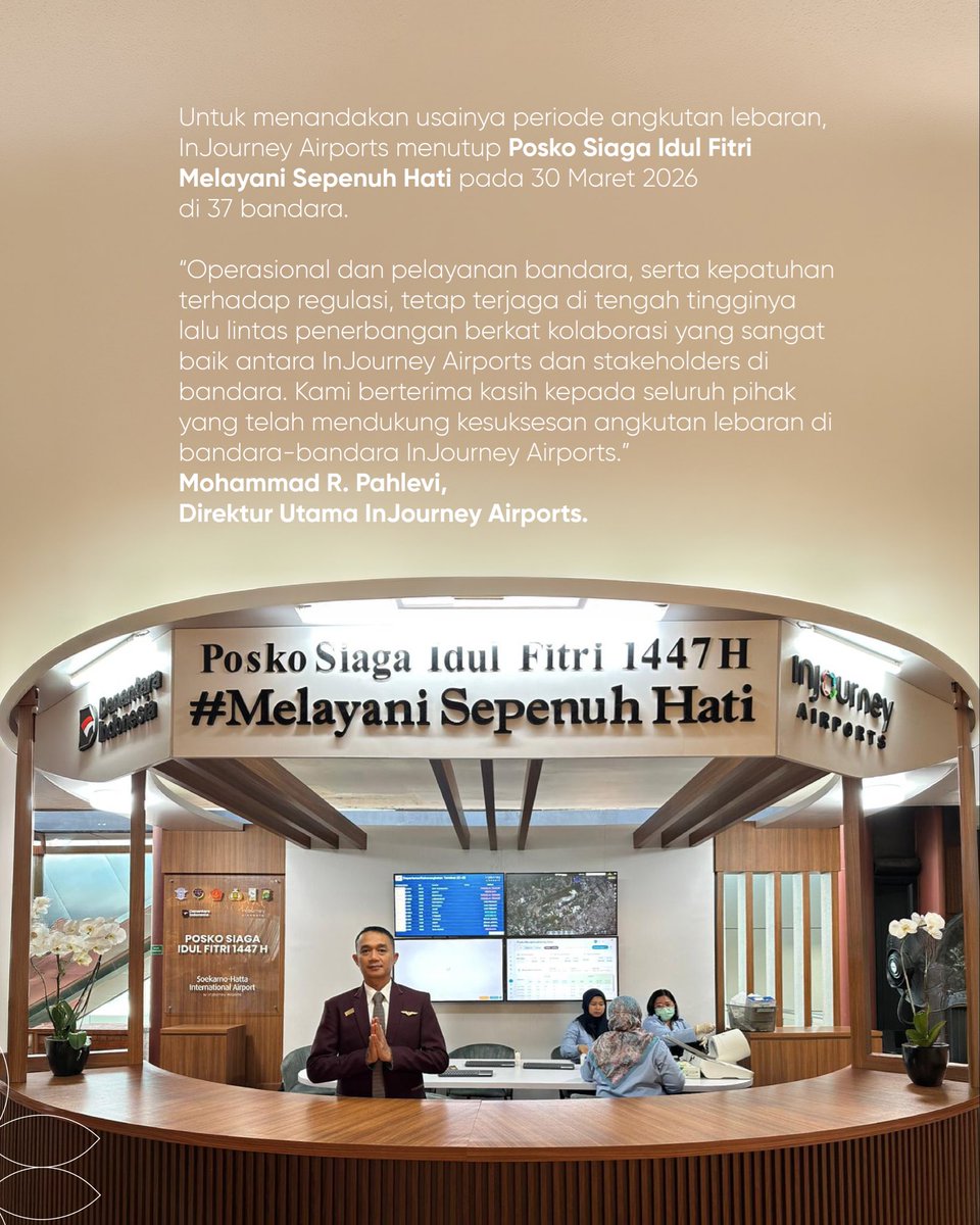 INJairports's tweet photo. Selama Lebaran 2026, InJourney Airports hadirkan pelayanan kuat! 💪🏼✈️

Pada periode 13-29 Maret 2026, Angkasa Pura Indonesia (InJourney Airports) melayani sebanyak 8,8 juta penumpang pada 63.222 penerbangan! 🛩️🤩

Selain itu, kesuksesan InJourney Airports juga diukur melalui berbagai parameter lain, yakni trafik penerbangan, utilisasi slot time, extra flight, penambahan maskapai, dan skor tinggi pada survei Customer Satisfaction (CSAT) 📈

Terima kasih telah mudik bersama InJourney Airports, dan sampai jumpa kembali di 37 bandara! 👋🏼🥰

#AngkasaPuraIndonesia
#InJourneyAirports
#BanggaBandaraIndonesia
#DanantaraIndonesia