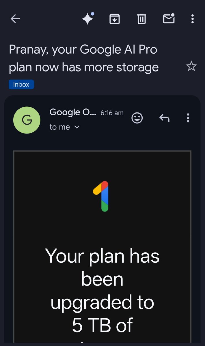 PranaySuhasMund's tweet image. Free 2 TB --&amp;gt; 5 TB without Jio 😃

Get via official Google one link -
one.google.com/about/plans

5 TB lasts for 1 year and can be shared accross 5 family members..
There are other AI features too..1000 credits per month,etc.

Hope u make use of it..

#5TB #storage #googleone