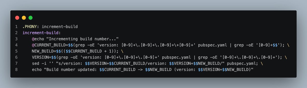JBOY83062526's tweet image. Flutter pubspec.yamlでビルドナンバーを自動でインクリメントする方法見つけた👀

Makefileにこれを書く
#Flutter