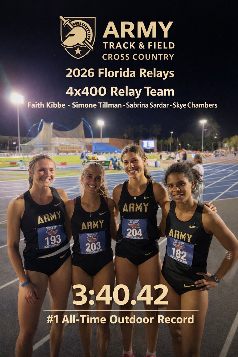pastorkibbe's tweet photo. @FaithKibbe &amp; Simone Tillman, Sabrina Sardar and Skye Chambers of  @ArmyWP_TrackXC set an ALL-TIME school record &amp; ALL-TIME Service Academy record (Army-Navy-AF combined) in the women’s outdoor 4x400! At the Florida Relays they clock a 
3:40.42, &amp; have 6 more weeks to improve it! https://t.co/UWND39iXDj