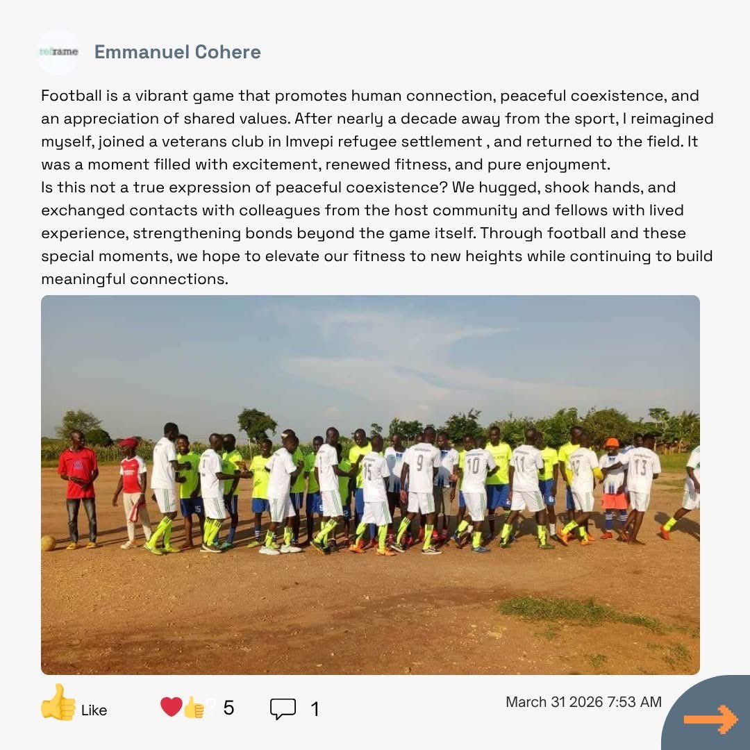 ReframeNetwork's tweet photo. 📣 𝗥𝗲𝗳𝗿𝗮𝗺𝗲 𝗪𝗲𝗲𝗸𝗹𝘆 𝗥𝗼𝘂𝗻𝗱𝘂𝗽: 𝗟𝗮𝘁𝗲𝘀𝘁 𝗖𝗼𝗺𝗺𝘂𝗻𝗶𝘁𝘆 𝗨𝗽𝗱𝗮𝘁𝗲𝘀

1. Emmanuel Cohere — Football returned as a bridge of peace in Imvepi refugee settlement. Veterans and host community players embraced, exchanged contacts, and strengthened bonds beyond the game.

https://t.co/u9Ls0zWBXX and Unity for Vulnerable Development — Music is resilience. Every rhythm and note reflects refugee talent, empowerment, and hope. #MusicForAll #RefugeeEmpowerment #MusicUnites  

3. Digital Innovators League Africa (DILA) — Real change begins in the community. By listening and learning, DILA builds trust and co‑creates lasting solutions for children, youth, and families.

4. COJESKI DRC — In Kinshasa, refugee voices were amplified during meetings on the Washington Peace Agreement and UN Human Rights Office sessions. Relief aid, rights awareness, and visibility remain urgent priorities.

5. Tree Replantation at Young Ornamental Level — Biochar mixed with fertile loam soil has supported strong seedling establishment. Potting is underway with 1,000 Giant Lira, 500 pawpaw (papaya), and 20 jackfruit seedlings already prepared. The team remains determined to surpass targets and expand this green initiative.

Discover the diverse organisations featured on Reframe and learn how they are driving change in their communities at https://t.co/RvdXomrzpL