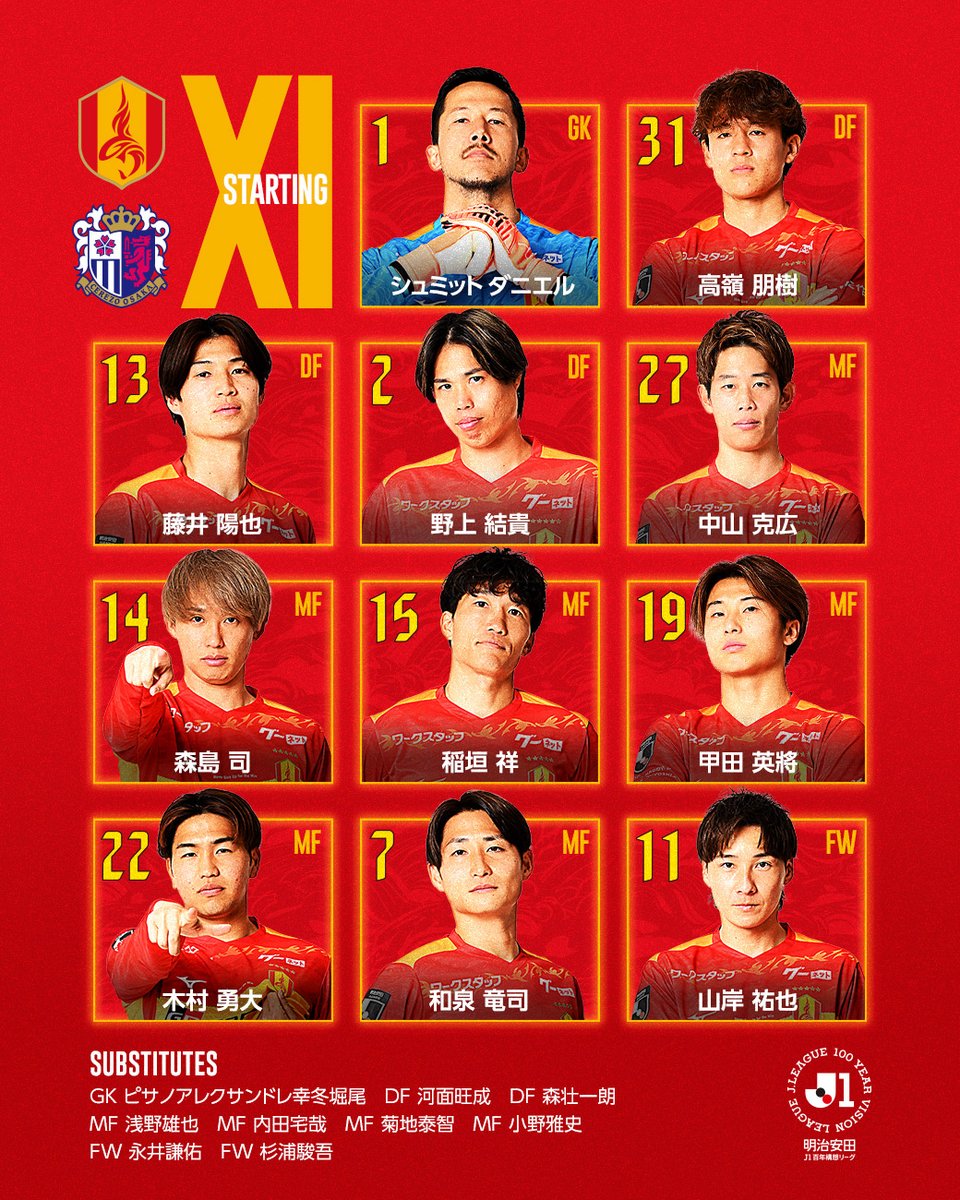 nge_official's tweet photo. ⚽️スターティング11⚽️

🏆明治安田Ｊ1百年構想リーグ 第9節
🆚#セレッソ大阪
🏟豊田スタジアム
🕒15:00 KICK OFF
➡️https://t.co/tFMjmgMzFc
🎥DAZN視聴
➡️https://t.co/DiSmLfdr7S

#さあ行こうぜ名古屋🔴🟡
#grampus #グランパス https://t.co/Prl12GnmPH