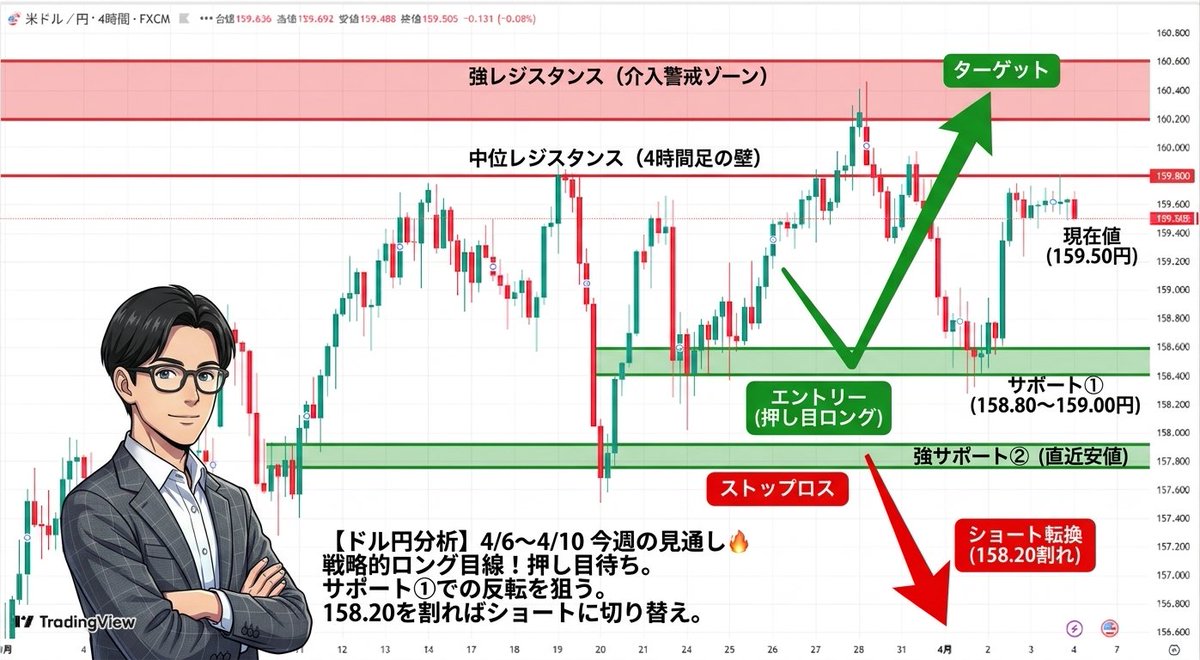 aoi_fxtrader_'s tweet photo. 【ドル円分析】4/6（月）〜4/10（金）今週の見通し🔥

兼業トレーダの皆さん、一週間お疲れさまでした🍻
今週ロスカットが続いた方、エントリーを迷い続けた方へ。
相場は必ずチャンスを与えます。
チャートを正確に読み、来週こそ"取りにいく"週にしましょう。
この分析をしっかり活用してください。

📊 今週（3/30〜4/4）の振り返り
【ファンダメンタル】
3月30日に160.466円まで上昇した後、日本当局の介入警戒と中東情勢の沈静化期待から158.275円まで急落。その後、トランプ大統領が今後2〜3週間でイランへの激しい攻撃継続を表明すると「有事のドル買い」が再燃し、WTI原油先物は113ドル台へ急騰。さらに4月3日発表の米3月雇用統計は非農業部門雇用者数が17.8万人と市場予想を大幅に上回り、失業率も4.3%に低下。強い内容を受けてドルは反発、終値は159.505円で週を終えた。
【チャート上の動き】
日足では160円手前の強いレジスタンスに頭を抑えられる展開。4時間足・1時間足では158.2〜158.3円を底に反発し、現在は159.4〜159.7円のレンジ内で上値の重い膠着状態が続いている。

📈 テクニカル分析：マルチタイムフレーム
■ 日足
2月の152円台ダブルボトムから上昇トレンドが継続。ネックラインだった158円を明確に上抜け、サポート・レジスタンスの逆転が成立しており、上方向の基調は維持されている。ただし160円台では複数回上値を抑えられており、この水準が最大の関門。
■ 4時間足
160.4円高値→158.2円安値の調整を経て、現在は159.4〜159.8円のレンジを形成。159.8円突破が上昇再開のトリガーとなる。
■ 1時間足
158.3円底から反発後、159.5〜159.7円で頭打ち状態。短期的に方向感は出ていないが、押し目を形成中と読む。

🎯 今週の意識される価格帯
・種別価格帯強レジスタンス160.00〜160.50円（介入警戒ゾーン）
・中位レジスタンス159.80円（4時間足の壁）
・現在値159.50円
・サポート①158.80〜159.00円
・強サポート②158.20〜158.30円（直近安値）
・下値目途157.60円（週足サポート）

🔥 来週のトレード戦略：結論はロング目線、ただし戦略的押し目待ち
エントリー：ロング
エントリーポイント：158.80〜159.10円の押し目
ターゲット：160.00〜160.50円
ストップロス：158.20円割れ

【根拠】
ドルの下支えとして中東情勢の長期化と米経済の底堅さが挙げられ、サービス業中心のインフレの粘着性からFRBが急いで利下げに動く必要性は高まりにくい。雇用統計の強さもこれを裏付ける。来週はCPIの発表が控えており、インフレの急加速が確認されれば利上げ観測が浮上してドル高の展開となる可能性がある。
押し目エントリーを推奨する理由は、現在159.5円付近で短期的に上値が重く、一度158.8〜159.0円まで下押しした後に再上昇するシナリオが最も綺麗な形となるためだ。

⚠️ リスクシナリオ（ショート転換条件）
160円より上の水準では為替介入への警戒が急上昇し、春闘の賃上げを背景に4月27〜28日の日銀会合での追加利上げ観測も高い状態が続いている。
→ 158.20円を明確に下抜けた場合は即損切り。ショートに転換し157.6円を狙う。

来週の注目指標：
✅ 米CPI（消費者物価指数）
✅ 中東情勢ヘッドライン
✅ 日銀関係者発言・介入警戒

💡 この分析が参考になったらいいね＆リポストで仲間のトレーダーにも届けてください🙏 
一人でも多くの人が勝てる相場を。

#ドル円 #USDJPY