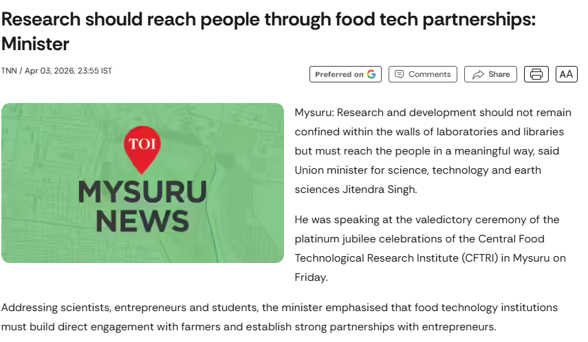 DrJitendraSingh's tweet image. Times of India: Research should reach people through food tech partnerships
#Mysuru 

Read:
timesofindia.indiatimes.com/city/mysuru/re…