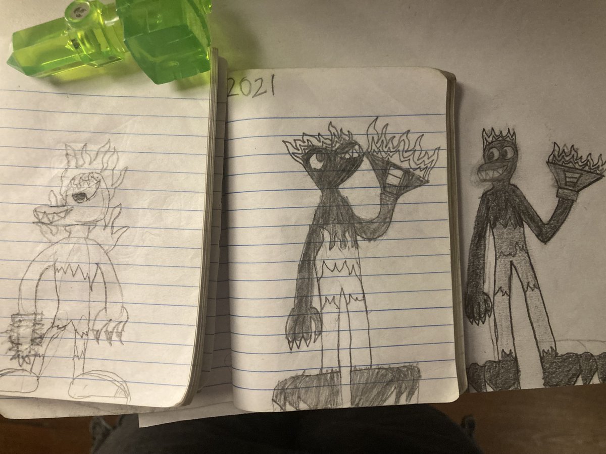 Shrededcheese's tweet photo. Artpril day 3
did you know that firerex (Slugs now but whatever) was actually my first oc I ever created, I used to make comics about him back in elementary school
any who here's some of the drawings I scrounged up of him compared to his new design
#artpril #art #oc #artchallenge https://t.co/3t4RASMbOV