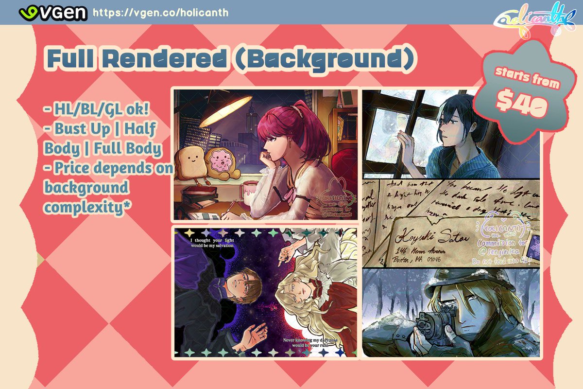holicanthh's tweet image. 🍎 OPEN COMMISSIONS 🍏
♡ and ↻ are appreciated!

Hello! I'm opening limited slots for my Vgen Comms! Open until the end of April!
#VgenOpen #VgenComm #opencommissions