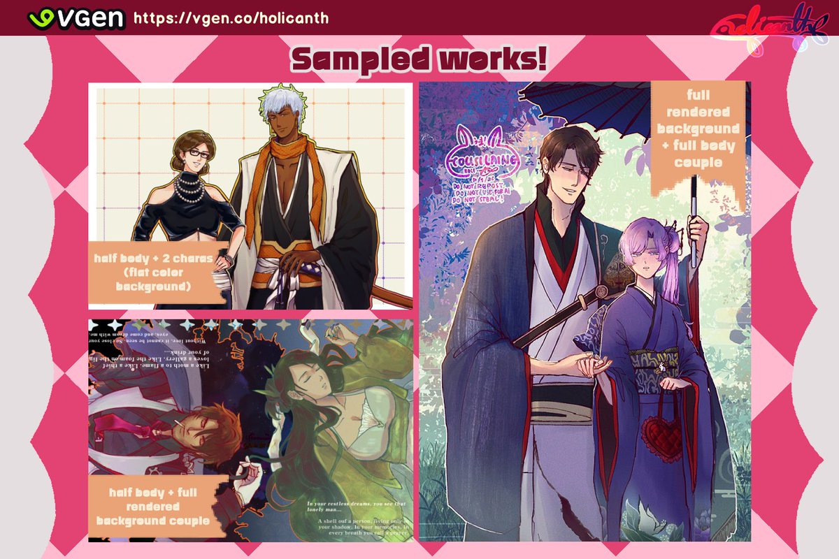 holicanthh's tweet image. 🍎 OPEN COMMISSIONS 🍏
♡ and ↻ are appreciated!

Hello! I'm opening limited slots for my Vgen Comms! Open until the end of April!
#VgenOpen #VgenComm #opencommissions