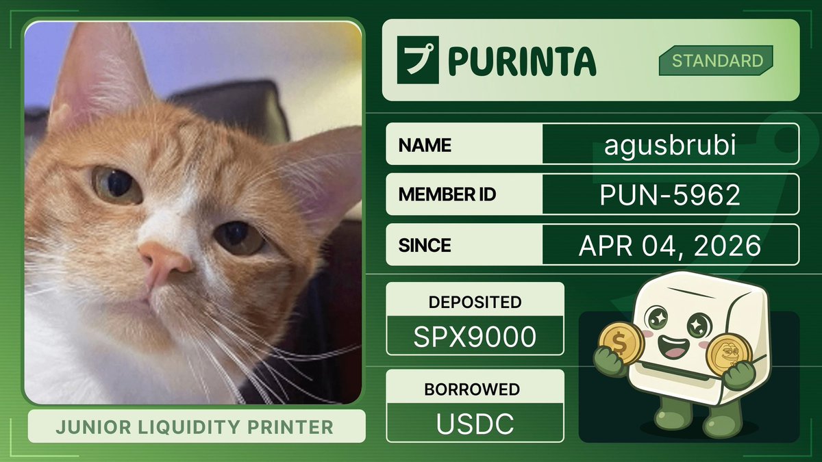 agusbrubi's tweet photo. Membership Card claimed.
@purintaxyz is building the first memecoin money market. already in.
got it here: https://t.co/bJeq1pZxF7 https://t.co/rxhAmFS3w0