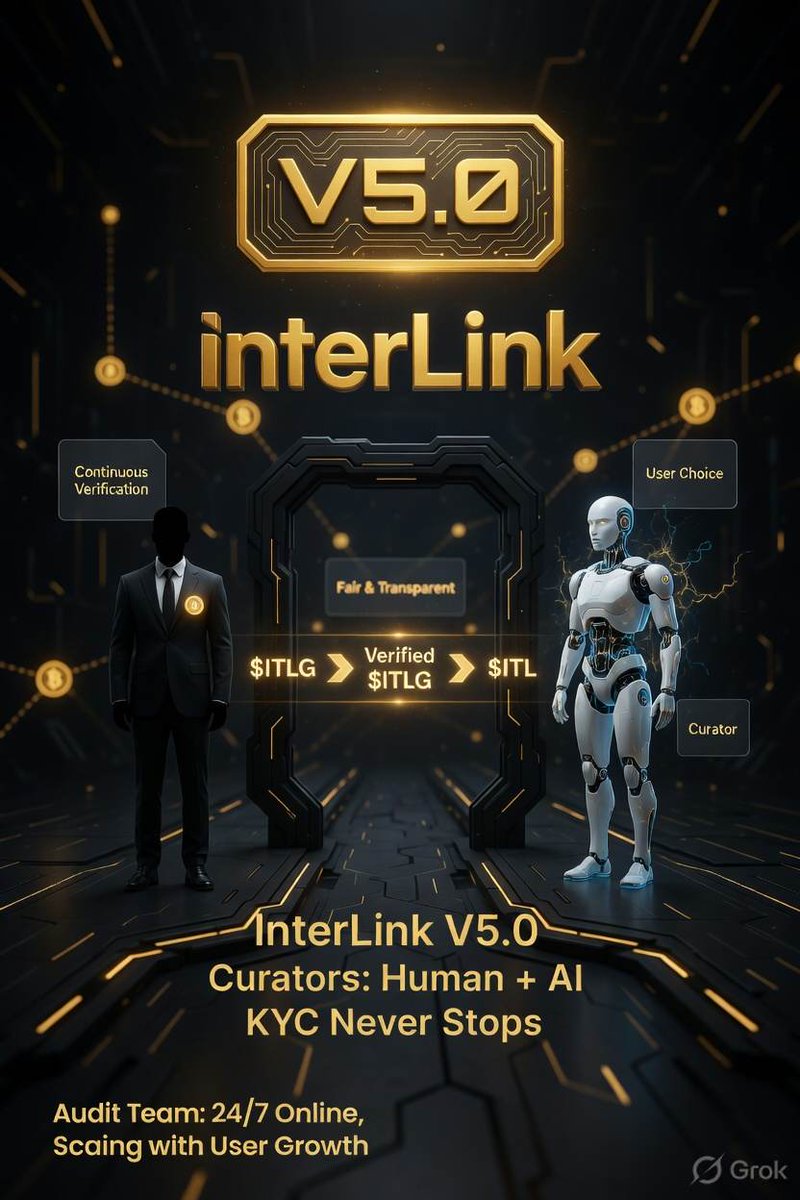 Chandrakan33574's tweet photo. InterLink V5.0 Update! 🚀

Curators (Human + AI) now handle KYC directly.

$ITLG → Verified $ITLG → $ITL

Continuous, fair &amp; transparent verification. You choose your Curator! ⚡

#InterLink #ITLG #ITL https://t.co/5YoqHuHL8A
