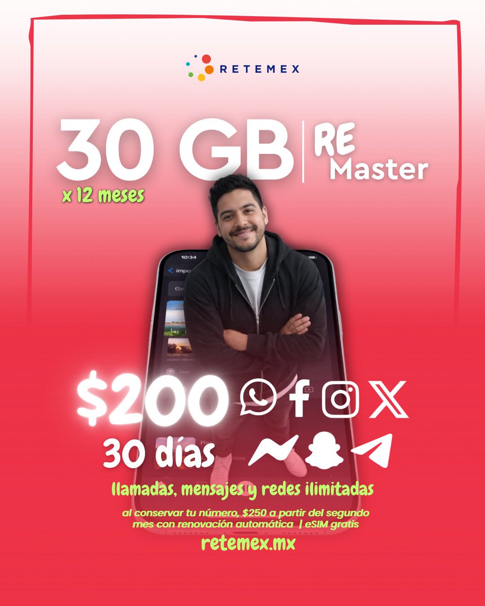 retemex's tweet photo. ¡30 gigas por 12 meses + redes ilimitadas + descuento en tu primera recarga al conservar tu número con RETEMEX! 
Contrata ahora el plan RE Master 🥳 👉🏻 https://t.co/hynmsyQqop https://t.co/neQJFkLU4Q