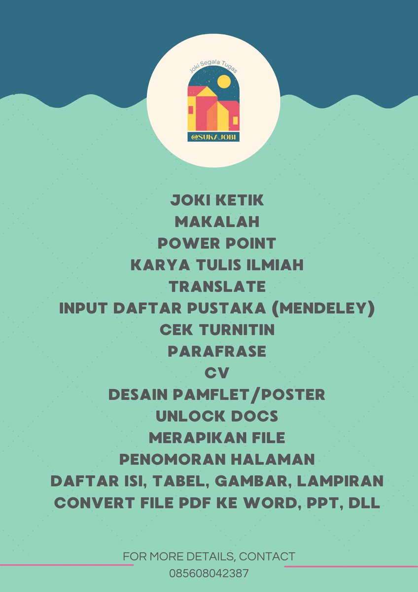 sukajobi's tweet photo. Selamat siangg!! 🙌🏻 kami open lagi seperti biasa yaa. Yg lagi cari pulsa atau mau rapihin file, penomoran halaman, daftar isi, daftar pustaka, bikin ppt, cek turnitin dll bisa langsung DM/wa aja 🥰
https://t.co/efnB9H1YO6

#zonauang️ #jokitugasmurah #jokitugaskuliah #jokitugas https://t.co/L4fTV847b3