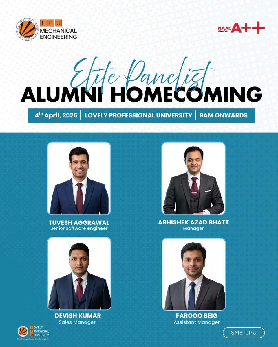 We are delighted to welcome back our esteemed alumni for a memorable Alumni Homecoming—a celebration of achievements, connections, and lifelong bonds.

📅 4th April, 2026
📍 Lovely Professional University
⏰ 9 AM onwards

Meet our elite panelists:
✨ Tuvesh Aggrawal – Senior