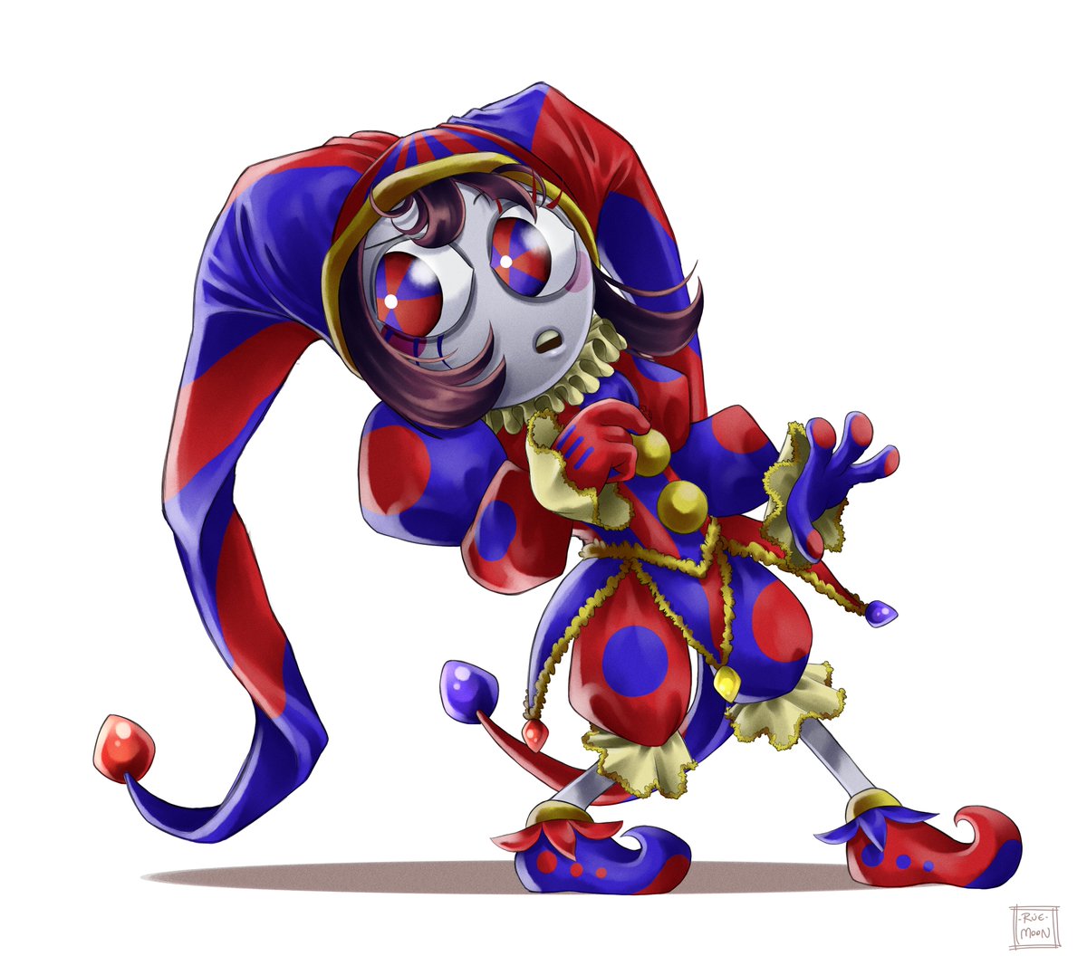 moon_rue's tweet photo. I designed some new clothes for Pomni. I wanted to include a pattern of red/blue circles on her outfit,  inspired by the ones we saw at the start of episode 8.
❤️💙

#TADC #theamazingdigitalcirus https://t.co/AzxHRb67pT