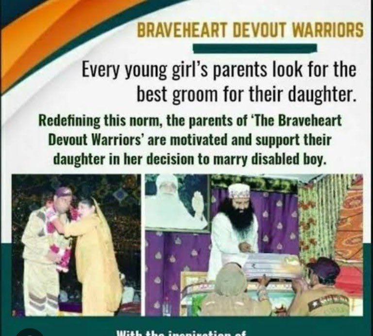 RupaliMeht48664's tweet photo. They choose a path most wouldn’t. The Braveheart #MardaniBhaktVeerangna are those women voluntarily marry differently-abled men and commit to supporting them emotionally, physically, and financially, inspired by Saint Gurmeet Ram Rahim Ji. https://t.co/6gV1dhmAzx