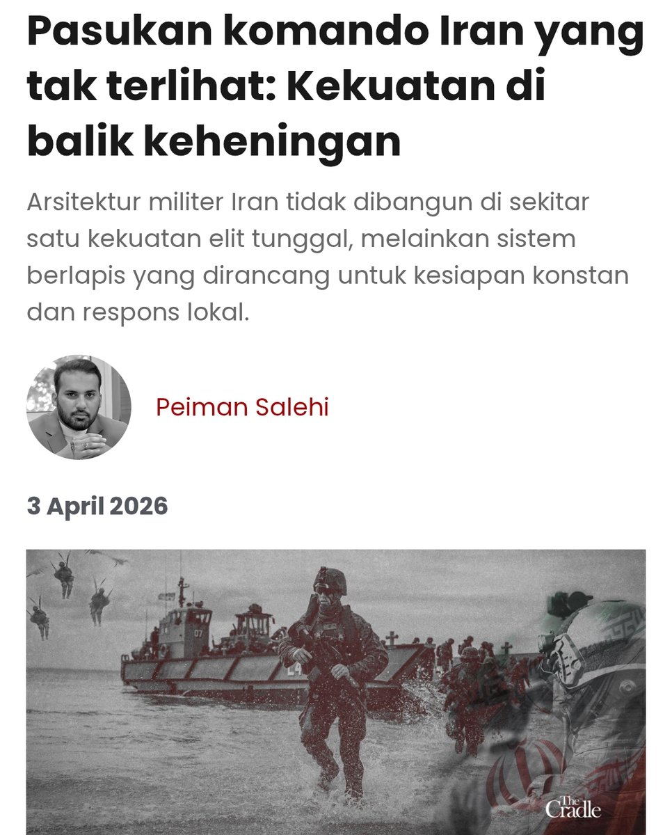 dina_sulaeman's tweet photo. Ada tulisan bagus nih. Intinya begini: Banyak orang mengira kalau Iran punya pasukan khusus seperti Navy SEAL atau Delta Force milik Amerika, yaitu satu pasukan elite super yang terkenal dan digunakan untuk operasi khusus. Padahal sistem Iran berbeda. Iran tidak mengandalkan satu pasukan elite tunggal, tetapi menggunakan sistem militer berlapis yang tersebar di berbagai wilayah dan institusi militer. Jadi yang disebut “pasukan khusus” di Iran bukan satu unit tertentu, melainkan kemampuan operasi khusus yang tersebar di banyak satuan.

Dalam praktiknya, jika terjadi serangan mendadak ke wilayah Iran, yang bergerak pertama bukan pasukan elite dari pusat, tetapi pasukan lokal IRGC dan Basij yang sudah berada di wilayah tersebut. Setelah itu, pasukan khusus seperti Saberin akan datang sebagai penguatan mobile. Jika konflik terjadi di laut, pasukan khusus angkatan laut IRGC akan bergerak untuk mengendalikan perairan atau jalur pelayaran. Jika eskalasi meningkat, barulah pasukan khusus dari tentara reguler seperti NOHED dapat dikerahkan sebagai penguatan tingkat lebih tinggi.

Sistem ini menunjukkan bahwa Iran tidak membangun kekuatan militernya untuk terlihat spektakuler seperti model Barat, tetapi untuk bertahan dalam konflik jangka panjang dan menghadapi serangan dari berbagai arah. Kekuatan Iran bukan terletak pada satu pasukan elite yang terkenal, melainkan pada sistem pertahanan berlapis yang tersebar, saling mendukung, dan sulit dilumpuhkan sekaligus. Inilah yang membuat struktur militer Iran sering terlihat tidak jelas dari luar, tetapi sebenarnya cukup tangguh dalam situasi konflik.

Selengkapnya ada di sini (aktifkan fitur terjemahan, bisa muncul dalam bahasa Indonesia): https://t.co/gDzDMSlY10