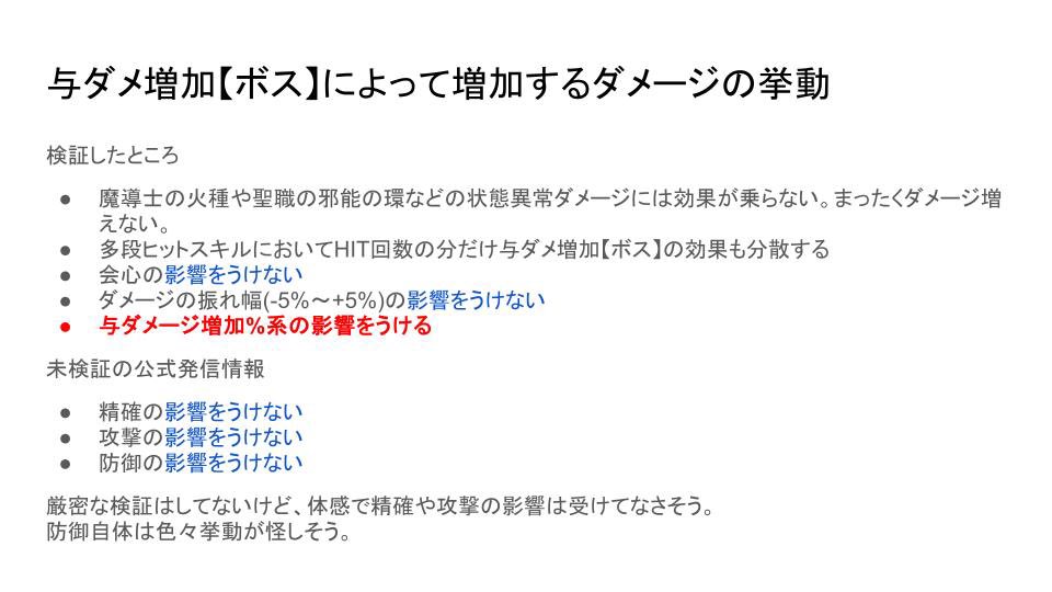 neiro1010's tweet photo. 気が向いて昔やった与ダメ増加【ボス】の挙動の追加検証

攻撃力に依存しない固定値ダメージ増加のステータスといえど、前回の検証では増加したダメージが与ダメ増加【ボス】のステータス数値と等しくなく、若干大きかった。

追加検証した結果、与ダメージ増加%系の効果は乗るみたい

 #ツリネバ https://t.co/4Xpo6QrT5i