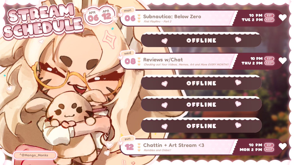 BubbleBeeLucy's tweet photo. Stream Schedule 06/4 - 12/4 EST ~ 07/3 - 13/4 AEDT
♡ Dual Streaming Twitch and YT!! ♡
#vtuber #ENVtubers #ausvtuber https://t.co/lMqLMrGQXl