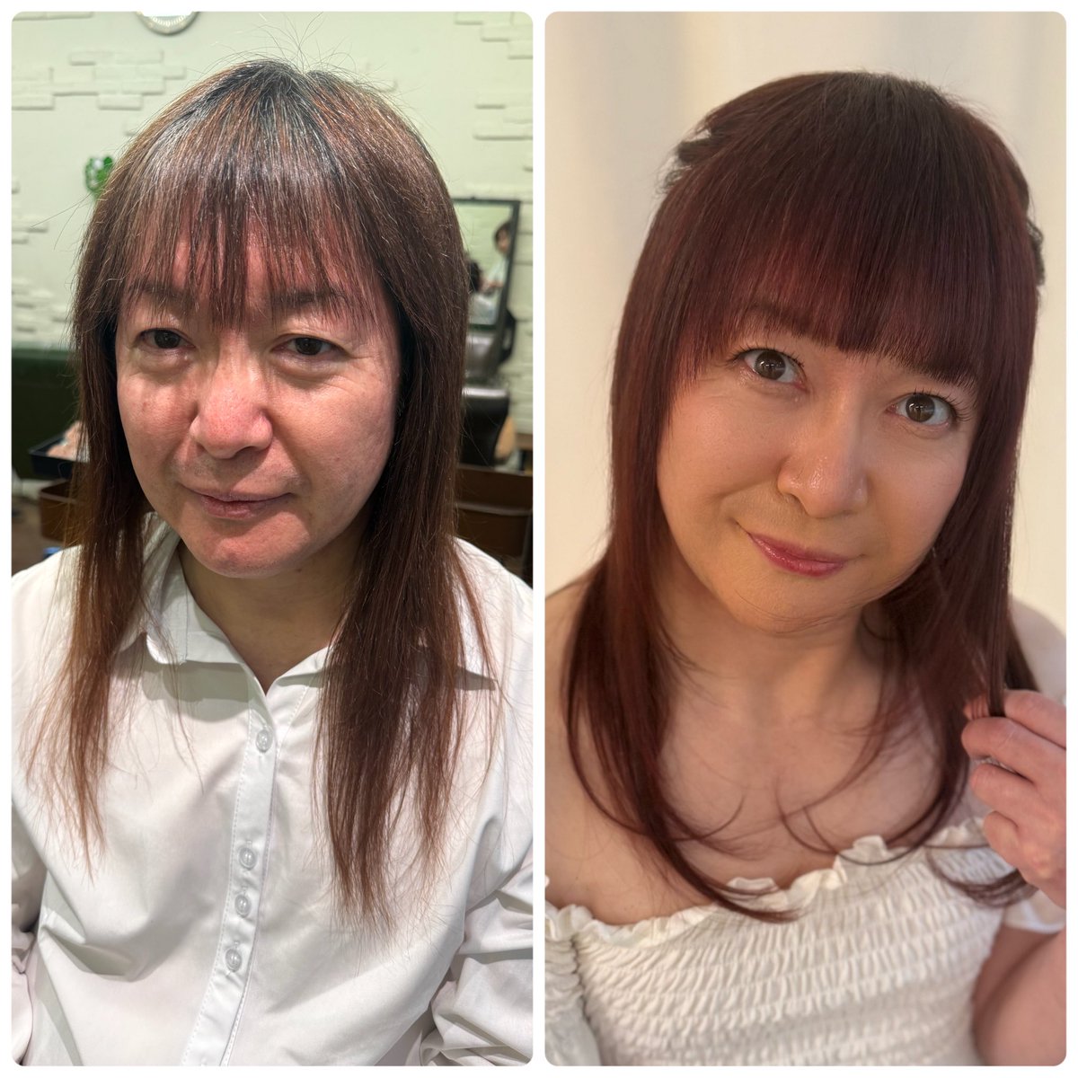 mintslonebis's tweet photo. こんにちは！
ミントみさきと、メイク担当のもえです！
Before →after 
春色カラーで、艶メイク、アレンジ
カットは毛先にシルエットが丸くなるようにレイヤー
カラーは、白髪も綺麗に染まって春色に
メイクは、艶肌と涙袋を強調
眉毛も丸くふんわり
ツインアレンジに！ https://t.co/bQc6rGreDj