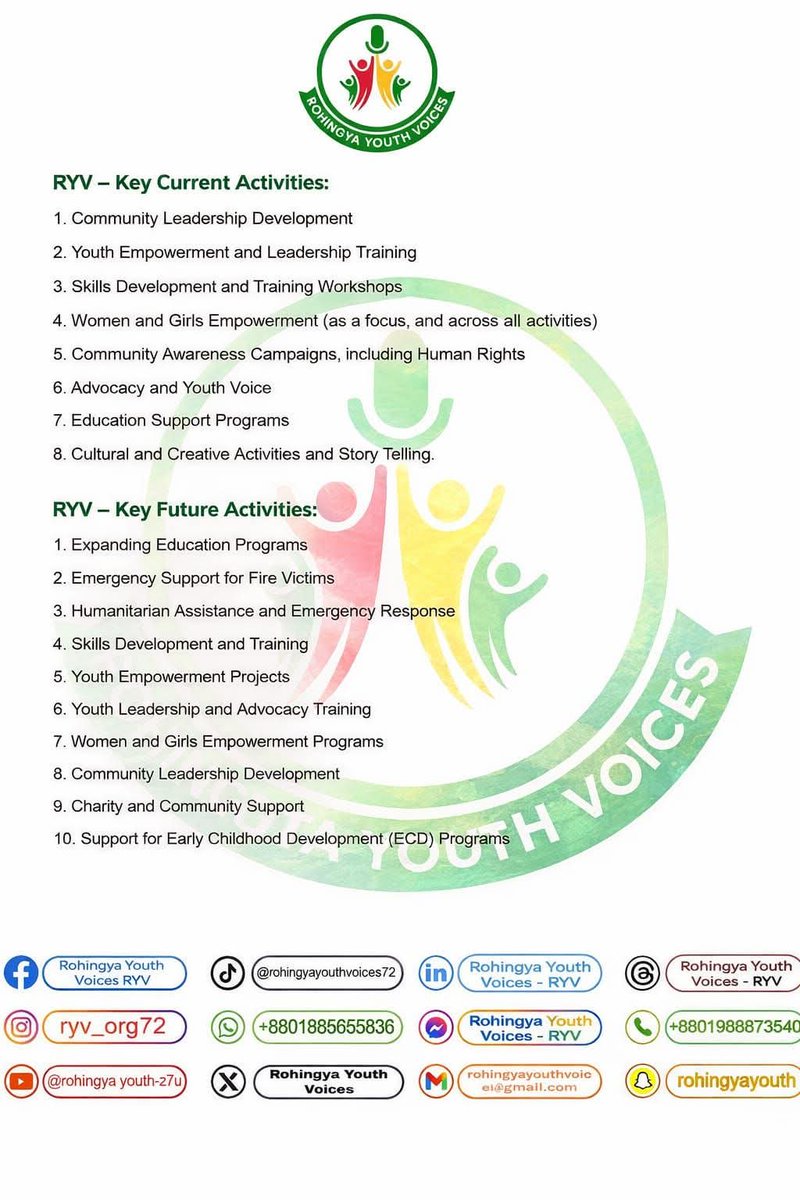 𝐅𝐫𝐨𝐦 𝐭𝐨𝐝𝐚𝐲’𝐬 𝐚𝐜𝐭𝐢𝐨𝐧 𝐭𝐨 𝐭𝐨𝐦𝐨𝐫𝐫𝐨𝐰’𝐬 𝐯𝐢𝐬𝐢𝐨𝐧.
Rohingya Youth Voices - RYV highlights our key current activities and our key future plans as we continue empowering youth through education, leadership, skills and community support.
