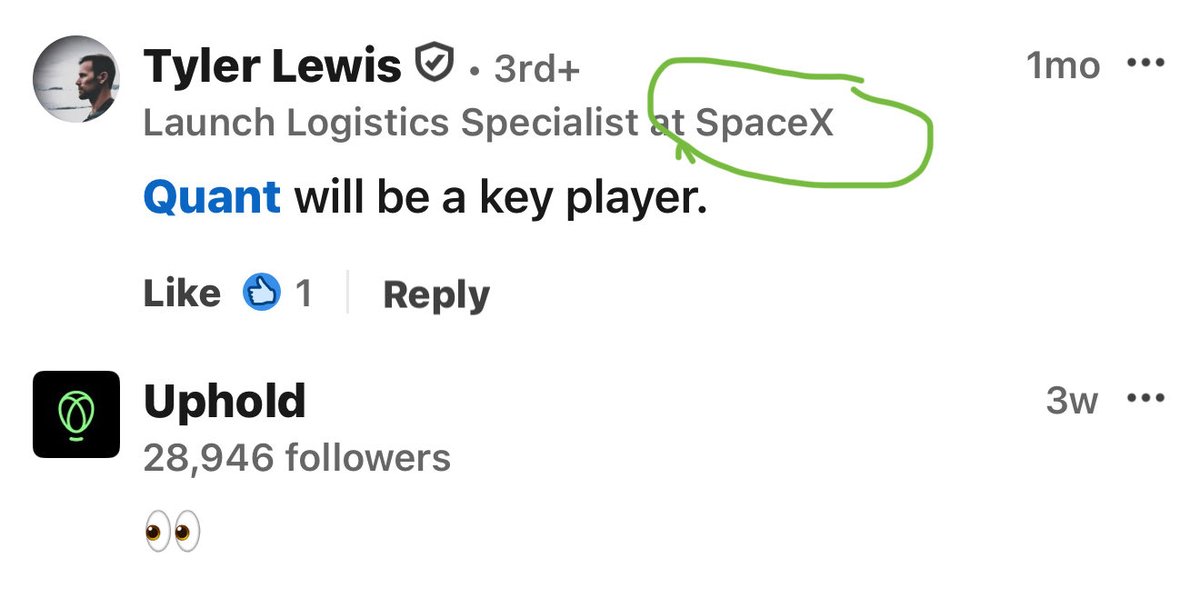 Francis37879301's tweet image. 👀So many Nuggets on LinkedIn Crypto research👀👀 #uphold #qnt #quant #spacex Someone knows something important 🤔 “quant will be a key player”🤯🤯#overledger @DPGmaximus some alpha for you😉