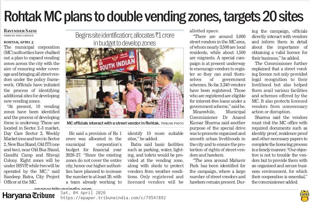 ravinderscribe's tweet photo. Haryana's Rohtak civic body plans to double vending zones, targets 20 sites  
#MunicipalCorporation #StreetVendor #ULB #IASAnandSharma @thetribunechd @DC_Rohtak @DcRohtak 
https://t.co/Kviu0A5TQx https://t.co/farGEO7baY