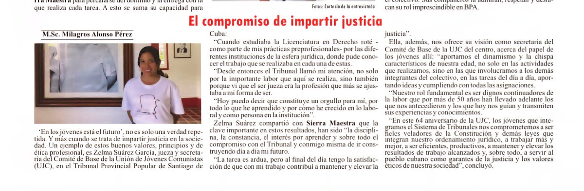 YipsyPedreira's tweet photo. El reconocimiento del colectivo de @TppSantiagocuba para  @ZelmaSuare43539 en este aniversario @UJCdeCuba
Ejemplo de que en los hombros de la juventud se pueden depositar grandes tareas como lo es la impartición de justicia. @PSierraMaestra nos acerca a ella. https://t.co/GkOkmFpr4S