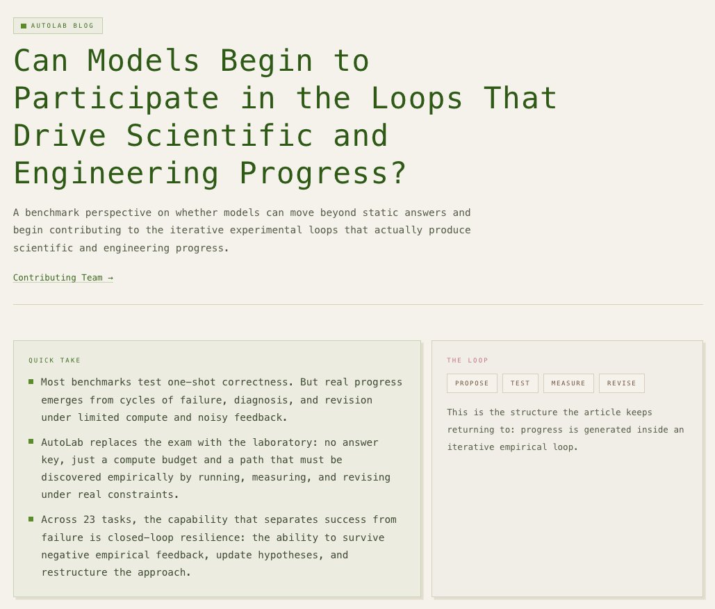 my_cat_can_code's tweet photo. [Accidentally deleted this earlier, reposting] 😭
#AutoLab #autoresearch
We've been asking ourselves a question: if AI agents can now run hundreds of experiments overnight, how do we know whether they're actually contributing to research — or just generating noise?

That's why we built AutoLab (https://t.co/aRbV2YeaPf). 
Not another pass/fail benchmark, but an open-source environment where agents face the same loop every researcher knows intimately — propose, test, fail, diagnose, revise, repeat. 

23 tasks with no answer keys, just open search spaces and real constraints. 
We ran 161 evaluations across 7 frontier models, 633M tokens. Every decision, every pivot, every dead end — all openly available in our Live Lab for anyone to replay and learn from. 

What we found wasn't about which model is "smartest." It's about a capability we call closed-loop resilience: when incremental refinement stops working, can the agent recognize it and restructure? On one task, two frontier models hit the same wall. One kept pushing within the existing frame. The other stepped back and redesigned the approach entirely. That moment — knowing when to abandon a frame, not just optimize within it — is what separates real research from sophisticated pattern matching. 

We believe this matters beyond benchmarking. If agents are genuinely entering the research loop, we want that transition to be measured transparently, built in the open, and shaped by the community — not locked inside any single lab. The scientist doesn't disappear. The loop gets a new participant. And we want to make sure that participant is understood. 

This is a joint effort across @Stanford, @MIT, @UW, @UCSanDiego, @ucsantabarbara, @NotreDame, NUS, @Google, @NVIDIA, @IBMResearch, and @bakelab_hq. But 23 tasks is just the start. If you have an optimization problem you've spent weeks grinding on empirically — with a clear metric and no known optimal solution — it probably belongs here. Contribute a full task, a rough skeleton, or just the idea. 

The best benchmarks aren't built by one team. They're built by the people who actually do the work!

Github: https://t.co/2sLNlASVcb