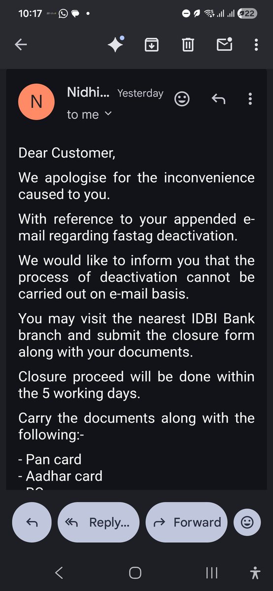 Wanted to close my <a href="/IDBI_Bank/">IDBI BANK</a> Fastag so I called on their helpline. The helpline asked me to visit the website for more details. Which then asked me to write an email. The reply to the email was to visit the bank. #AreYouSerious #worstcustomerexperience