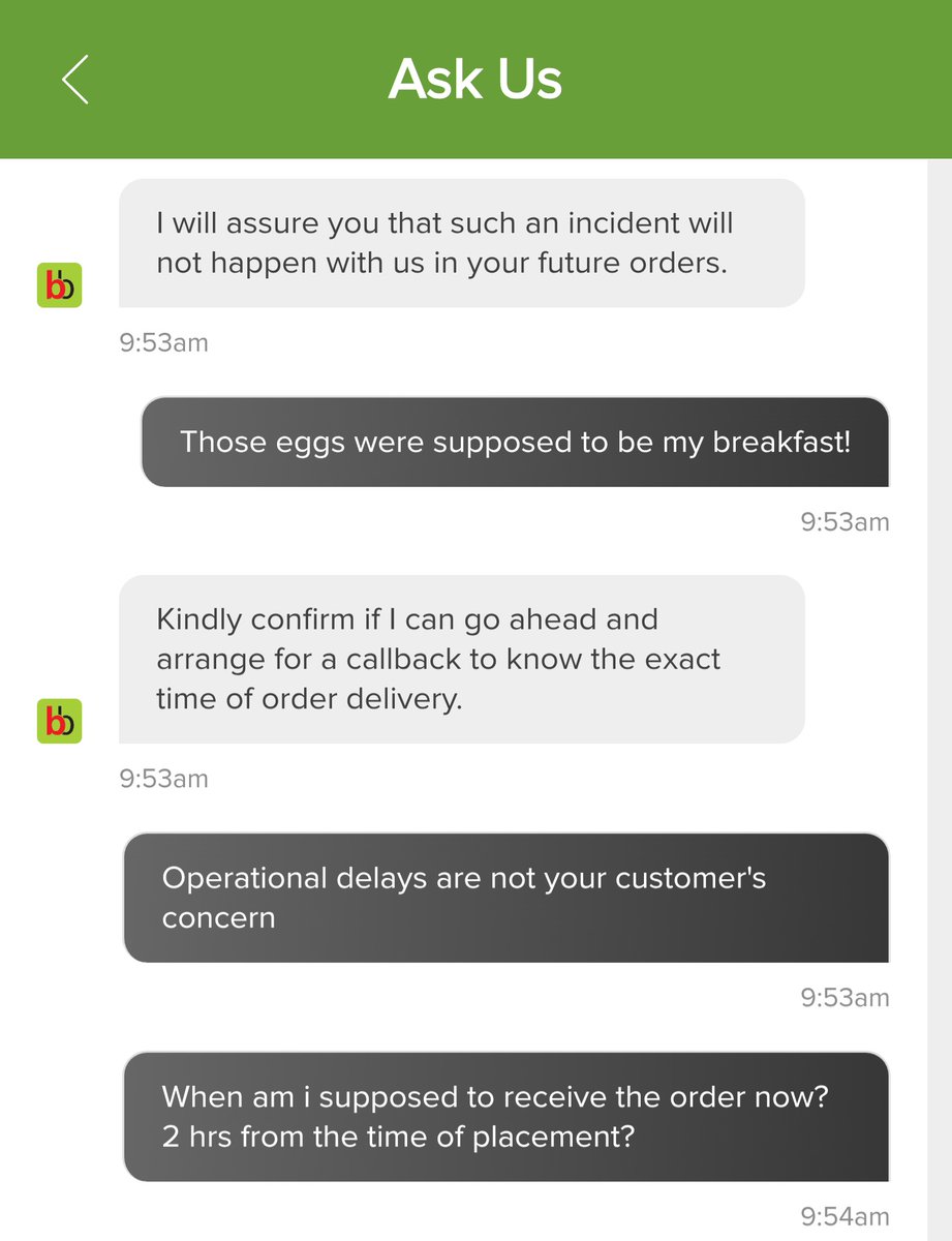 Rishabh04643068's tweet image. Apparently, @bigbasket_com thinks eggs are for lunch, not breakfast. Order placed at 8:19AM, still not here. I’ve spent more time talking to your "Ask Us" bot than it would have taken to walk to the store myself. Zero accountability.
@harimenon_bb
#BigBasket  #BadService