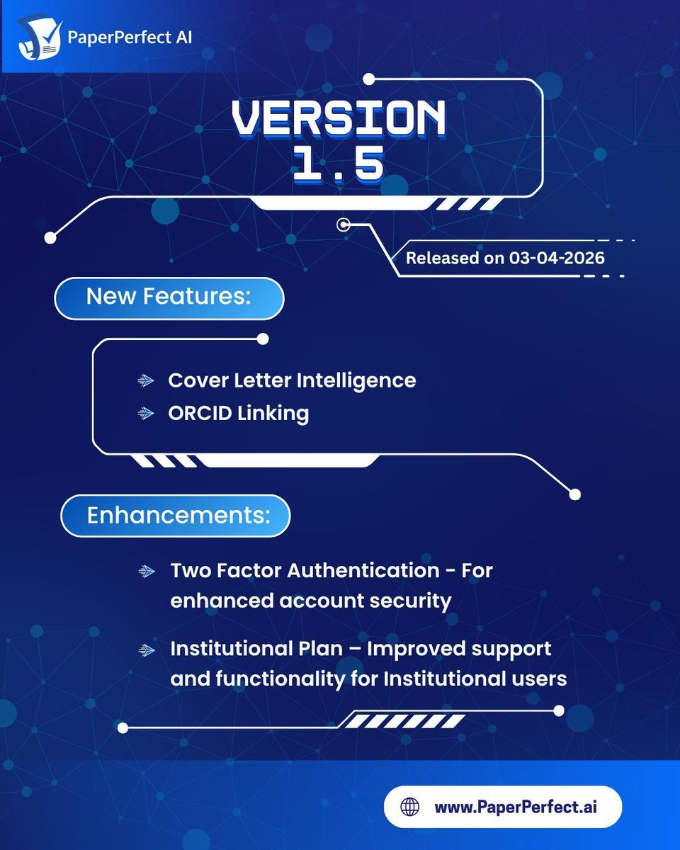 PaperPerfect AI v1.5 is here
New: Cover Letter Intelligence, ORCID Linking
 Enhanced: 2FA security &amp; improved Institutional Plan
Built to make research writing clearer, safer, and submission-ready.
#AcademicWriting #ResearchTools #PaperPerfectAI