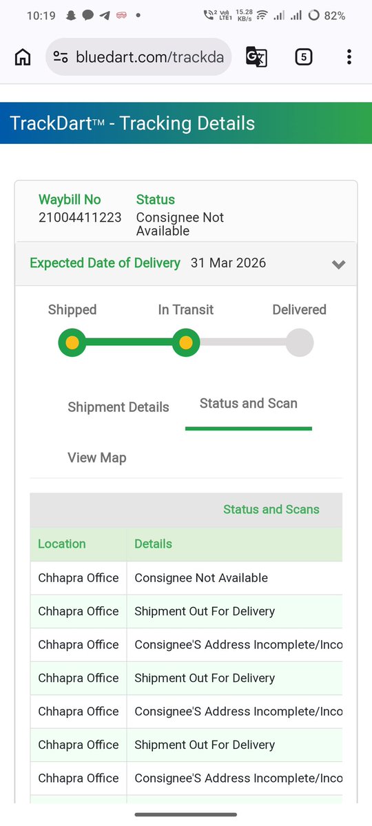 c_h_a__d's tweet image. Sick of the fake updates from @BlueDart_ Chhapra office. Waybill 21004411223 is being marked "Not Available" by a delivery boy who hasn't even bothered to call. This is pure harassment and unprofessionalism. Resolve this NOW. #BlueDartFraud #CourierService
#BadService