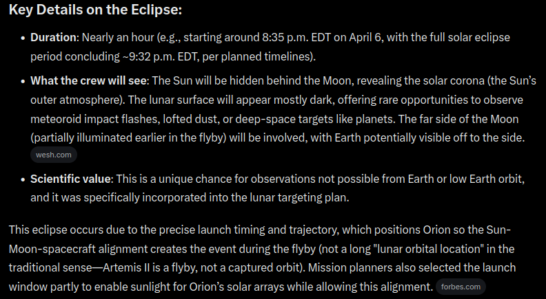 The Orion crew will get to see an eclipse! I wonder how much of the Sun we will get to see before and after the event? Good opportunity to use that Neutral Density filter!