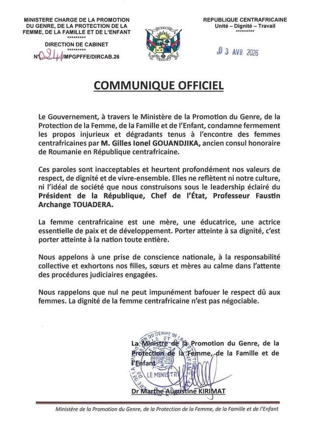 L'OPINION FEMININE MONDIALE SERA VIGILANTE À SUIVRE LA PLAINTE DU MINISTÈRE DES FEMMES AFIN DE FAIRE CONDAMNER PAS 1 MAIS TOUS LES INSULTEURS PUBLICS PROFESSIONNELS IMPUNIS DES FEMMES ET FILLES CENTRAFRICAINES DEPUIS DES ANNEES. ASSEZ ! #DIGNITÉ DE BOGANDA#