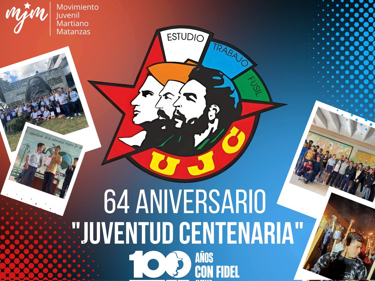 🇨🇺✊️🚩 Desde Matanzas, Juventud Centenaria.

⭐️ El #MJMMatanzas saluda el 64 aniversario de la #UJCdeCuba, con la frente en alto y el corazón fiel a Fidel.

✒️ En el año del Centenario del Comandante en Jefe, recordamos que ser joven es honrar su legado,

¡Feliz aniversario! ❤️