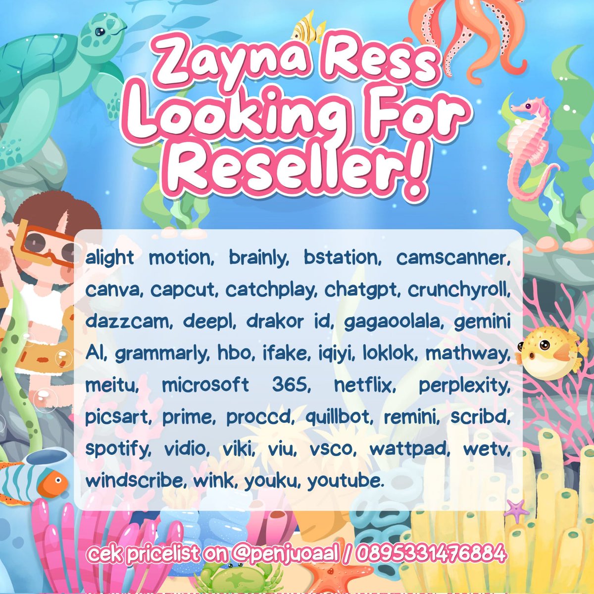 tomacthos's tweet photo. @ashaliaaa 𐚁 ... ZAYNA RESS LOOKING FOR RESSELLER 💌 

꩜ ada 45+ app start 300p 
꩜ nëtflīx strong acici, fixing 0 - 2 days only
꩜ open pagi buta - tengah malem
꩜ akan ada böt auto order 24 jam >__<

╰─  📬 ꒱ cek pricelist on @.hrumfiy atau https://t.co/zmF2dkaFmZ ♡ https://t.co/XbcJGaSbl3