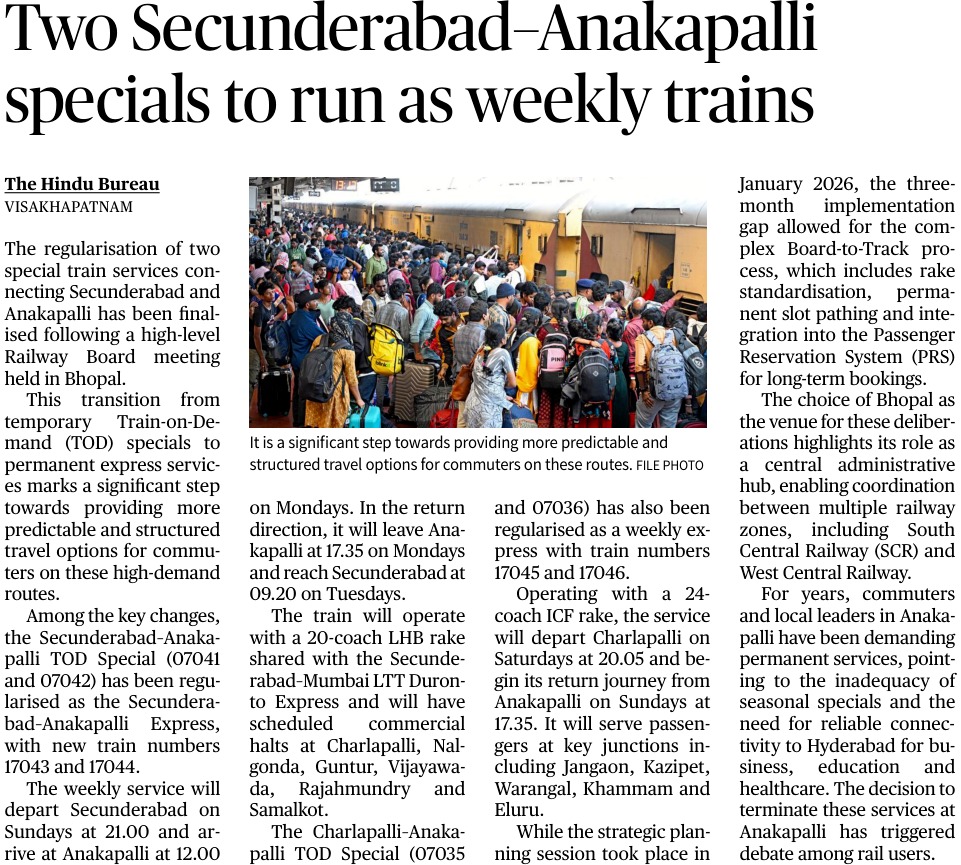 Two Secunderabad-Anakapalli specials to run as weekly trains

🗞️News Published in <a href="/THHyderabad/">The Hindu-Hyderabad</a>  Newspaper