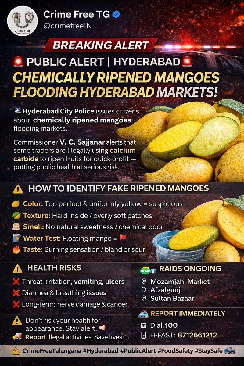 crimefreeIN's tweet image. 🚨 Fake ripened mangoes = real health danger ⚠️
Stay alert, check before you buy, and report illegal sellers.
@hydcitypolice
@achghmc
@DCATelangana
@foodsafetyghmc
@cfs_telangana
@TGGovtUpdates 
@SajjanarVC_IPS
@CPHydCity
#CrimeFreeTelangana #Hyderabad #PublicAlert #FoodSafety