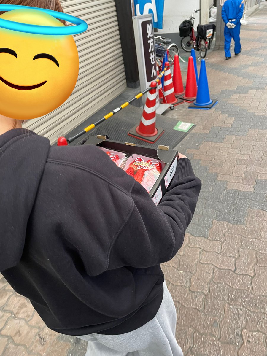 いちごを大切に抱えて眺めながら帰ってるょぃちゃん