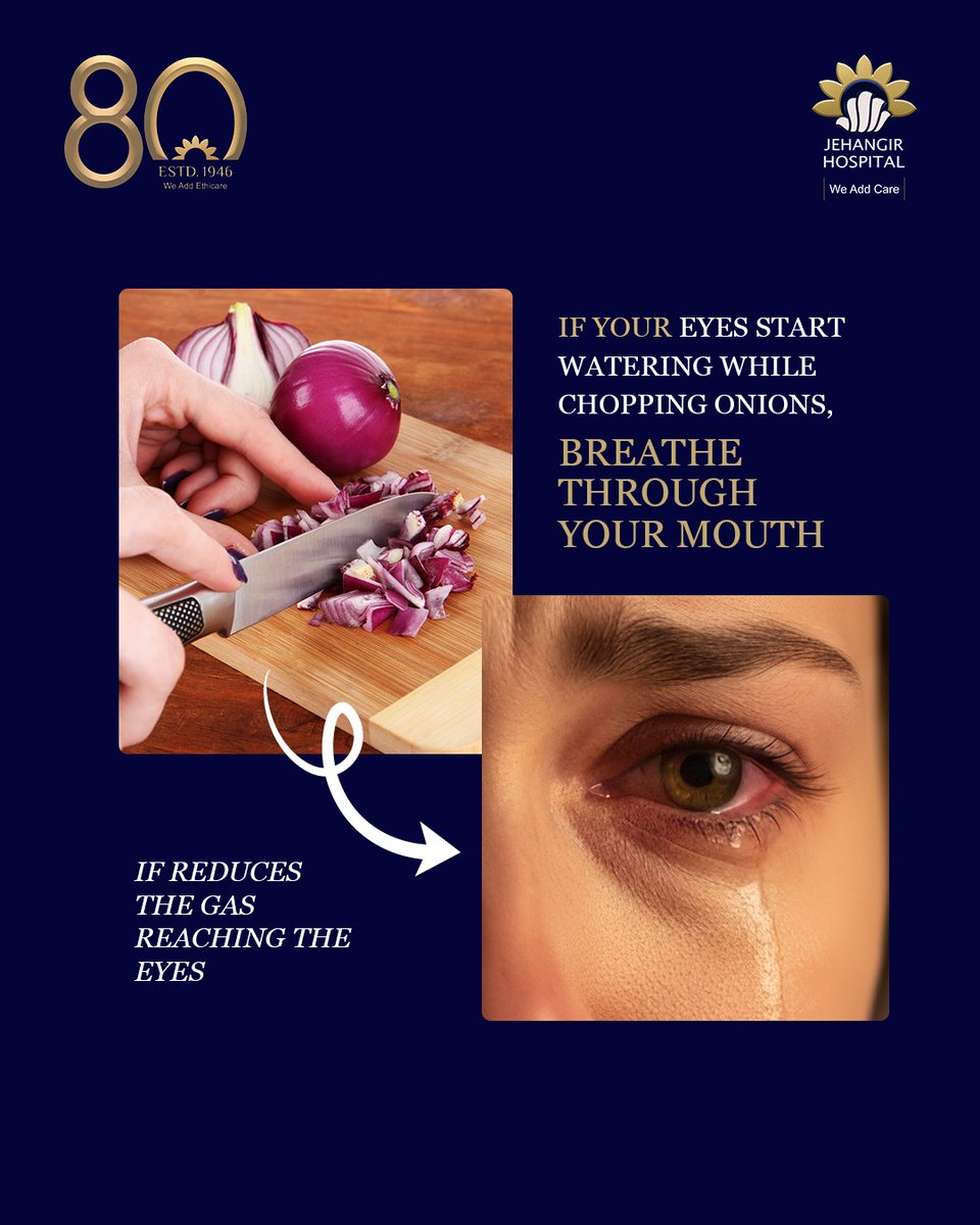 JehangirCare's tweet image. Onions release a gas that irritates the eyes and causes tearing.
Breathing through the mouth may reduce how much of that gas reaches the eyes.
#jehangirhospital #eyehealth #visioncare #eyeprotection #weaddcare