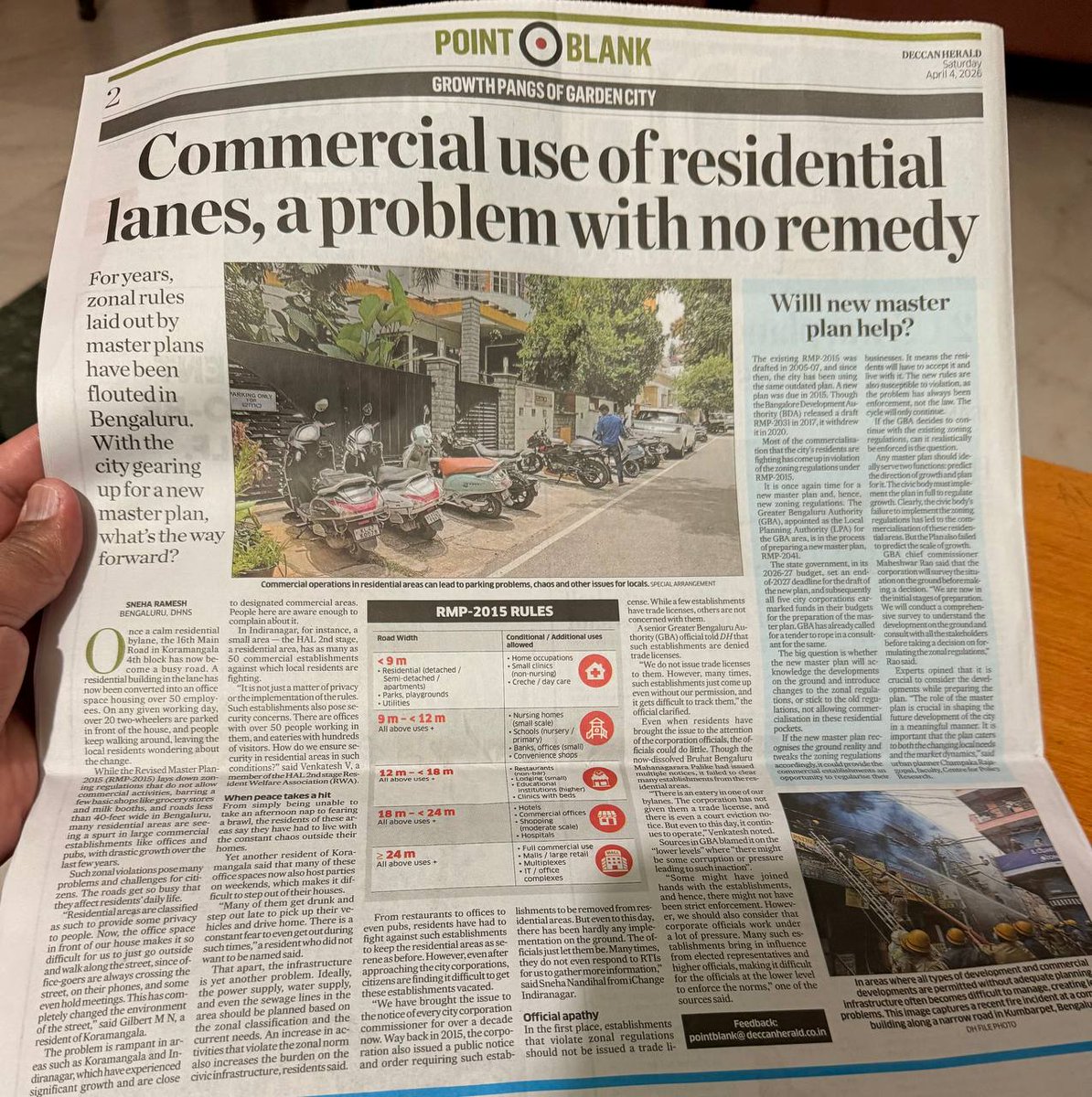 cmani's tweet image. Bangalore's zoning crisis: Commercial use of residential lanes is rampant with NO remedy. Offices, shops, restaurants in residential areas. RMP-2015 rules broken daily.

Source: Deccan Herald

#bengaluru #urban-planning #zoning-violations #city-governance