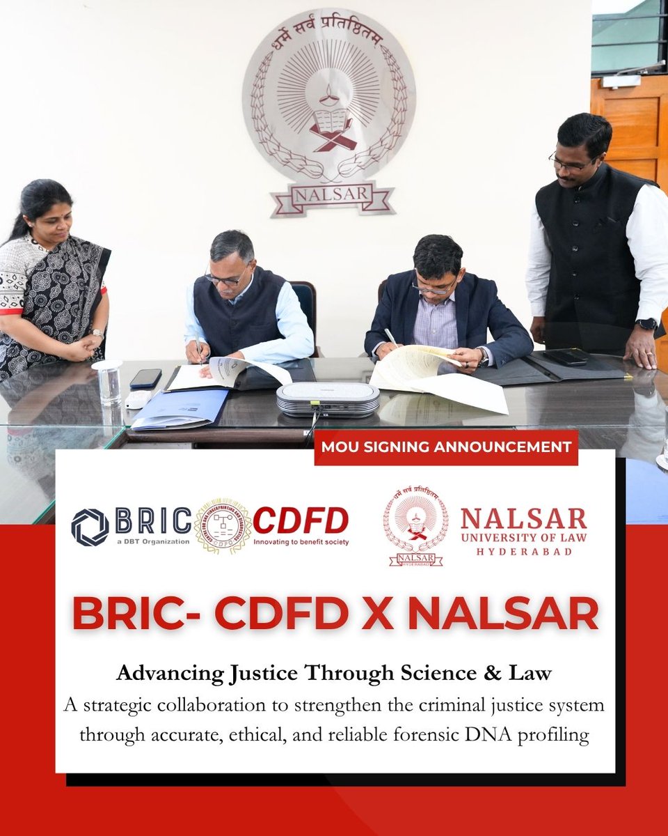 BRIC_CDFD's tweet photo. MoU signed (Apr 1, 2026) between BRIC–CDFD &amp; NALSAR University of Law, Hyderabad to strengthen India’s criminal justice system through robust, ethical forensic DNA profiling.
@NALSAR_Official @sqcircleclinic 

#ForensicScience #DNAProfiling #LegalInnovation #CDFD #NALSAR https://t.co/kzeOFYHSh2